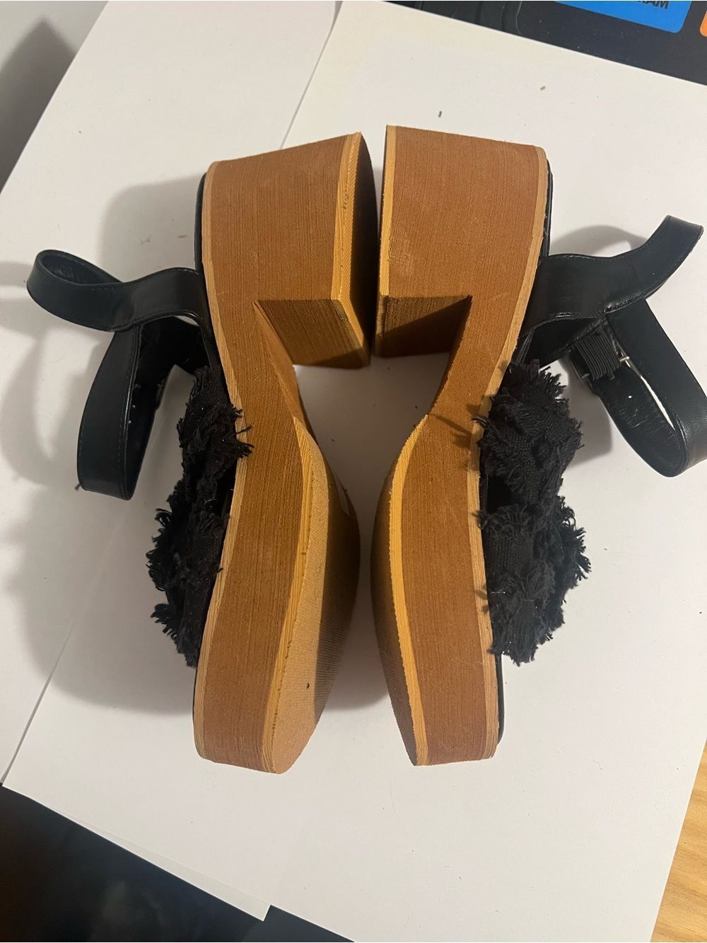 Black Fabric Strap Platform Sandals with Brown Wood-Effect Heel - Picture 4 of 8